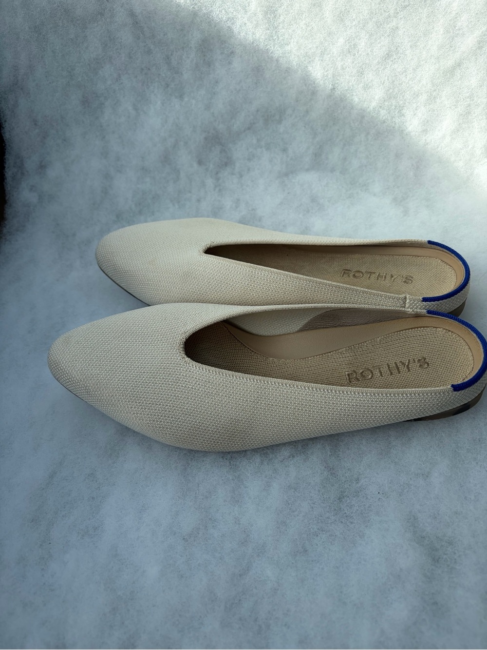 Rothy's Cream Pointed Knit Mule with Blue Trim - Picture 2 of 7